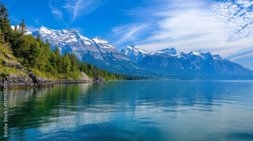 A serene landscape featuring mountains and a calm lake under a clear blue sky. A serene landscape featuring mountains and a calm lake under a clear blue sky.