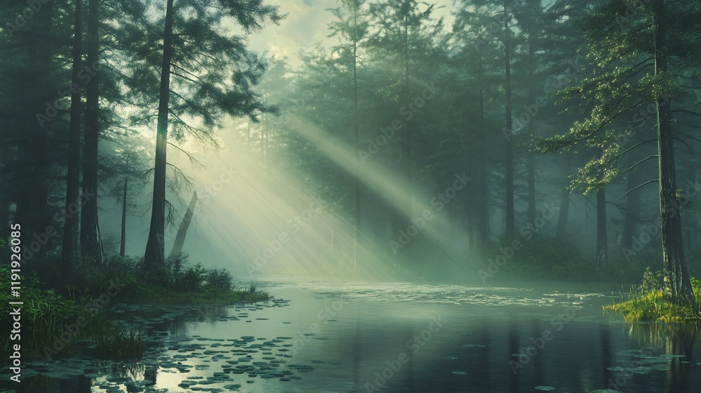 Sunbeams in a Misty Green Forest with a Calm River Sunbeams in a Misty Green Forest with a Calm River