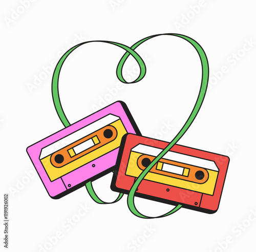 Cartoon cassette tapes intertwined with a playful green ribbon and shaping love sign in cartoon illustration hand drawn perfect for music lover