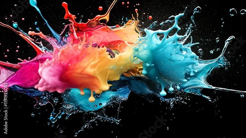 Vibrant multicolored paint splash explosion on black background.