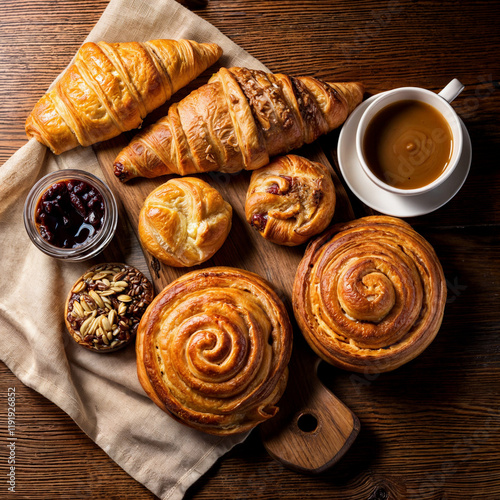 Freshly Baked Pastries and Coffee on Rustic Wooden Counter