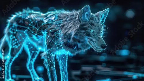 A futuristic, digital representation of a wolf with glowing geometric patterns.