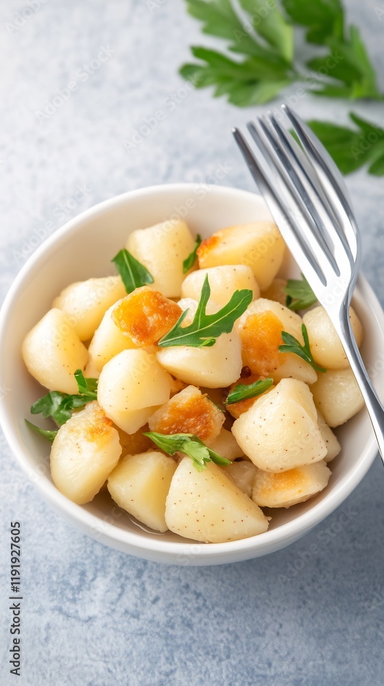 Warm light illuminates delicious potato salad gently tossed with fresh herbs. AI Generated Warm light illuminates delicious potato salad gently tossed with fresh herbs. AI Generated