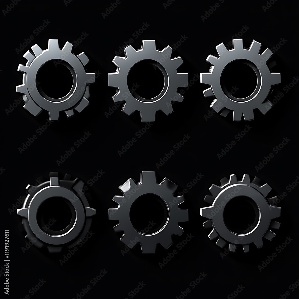 Six Metallic Gears Arranged in Two Rows on Black Background Six Metallic Gears Arranged in Two Rows on Black Background