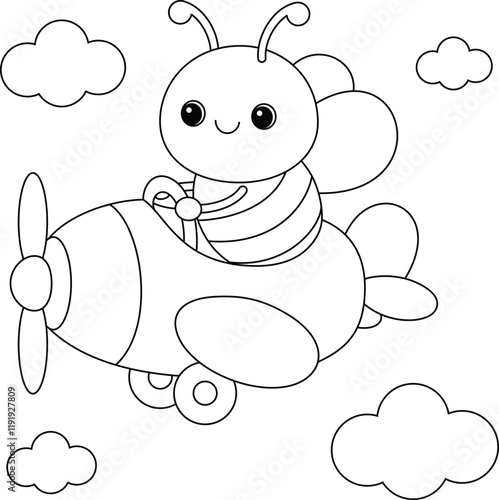 Cute cartoon the bee flying a plane coloring page for kids