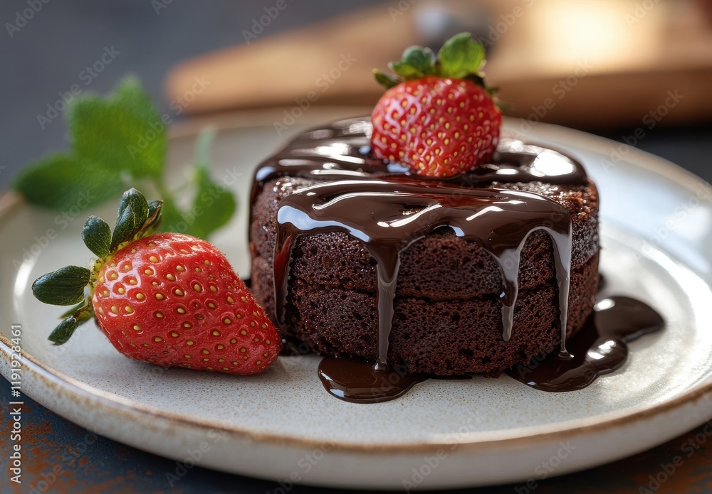 Decadent Chocolate Cake with Fresh Strawberries Drizzled in Rich Dark Chocolate Sauce on Rustic Plate Setting Decadent Chocolate Cake with Fresh Strawberries Drizzled in Rich Dark Chocolate Sauce on Rustic Plate Setting