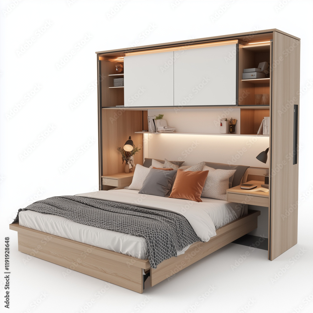 custom made wallpaper toronto digitalComfortable wooden bed with built-in storage and shelves, ideal for modern space-saving solutions.