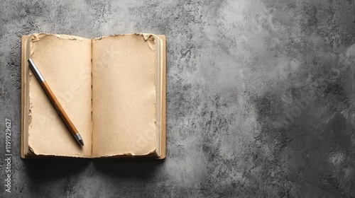 Empty vintage book with a pen on a textured gray surface photo