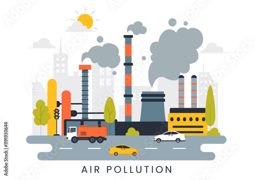 Air Pollution Illustration Featuring the Concepts of Climate Change and Global Warming, City Roads Covered in Smog, Factory Smoke, and Industrial