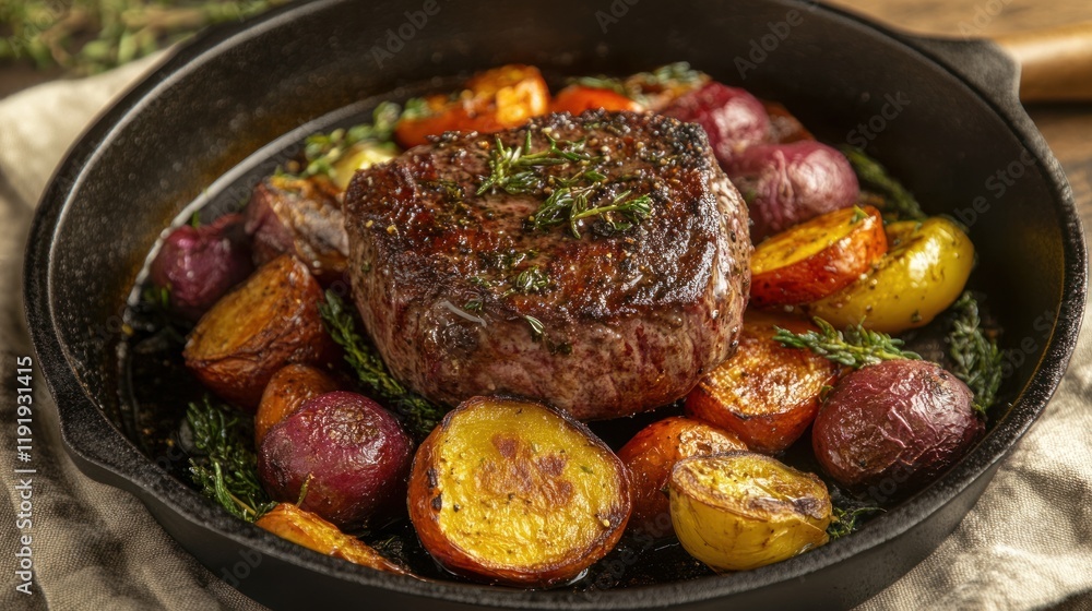 Sizzling Steak and Roasted Root Vegetables in Cast Iron Pan Sizzling Steak and Roasted Root Vegetables in Cast Iron Pan