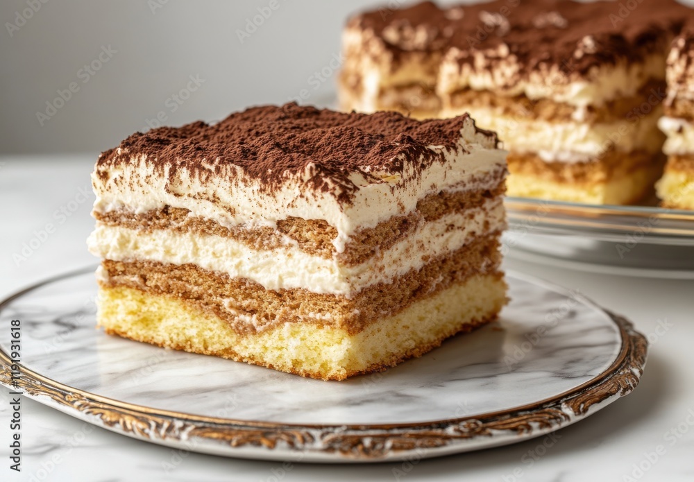 Delicious and Creamy Tiramisu Cake Slice with Cocoa Powder on Top Served on Elegant Plate with Marble Texture Background Delicious and Creamy Tiramisu Cake Slice with Cocoa Powder on Top Served on Elegant Plate with Marble Texture Background