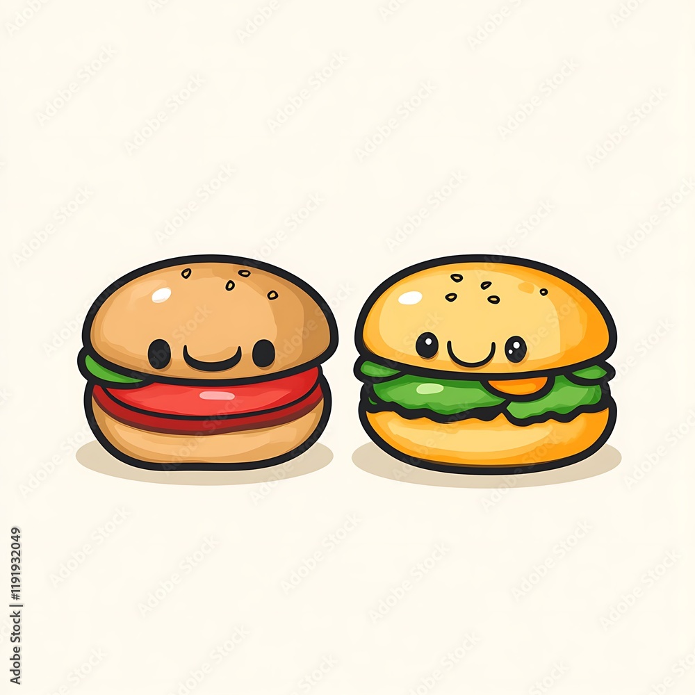 Two Cute Cartoon Burgers Smiling Together Two Cute Cartoon Burgers Smiling Together