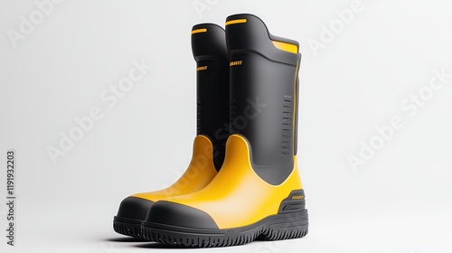 Safety Technology Concept. Stylish yellow and black waterproof boots on a white background. photo