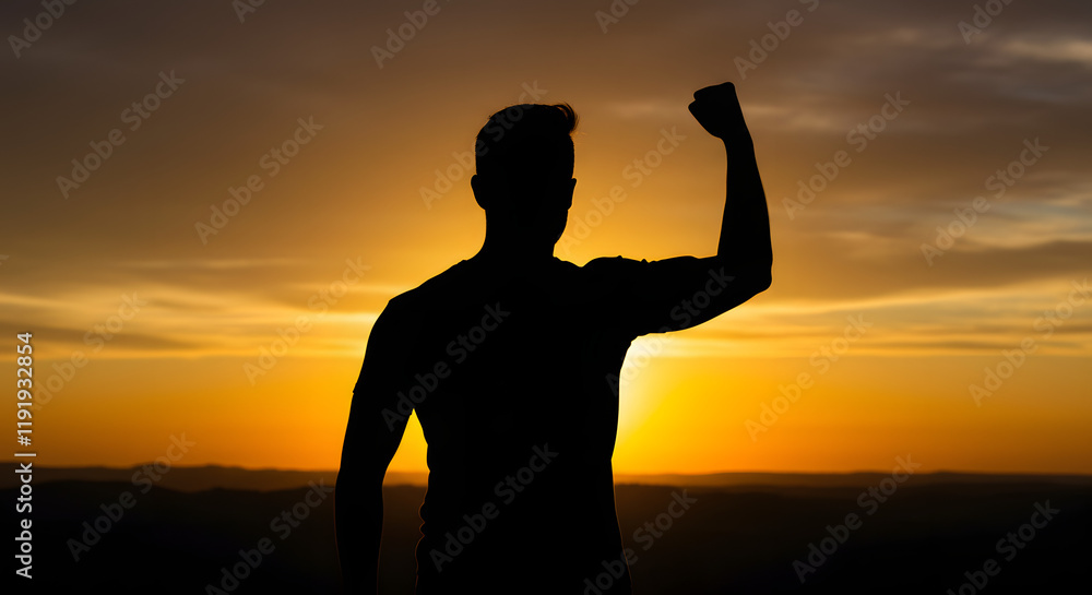 Fototapeta premium The silhouette of a resolute individual stands with his fist elevated in celebration against a radiant skyline. 