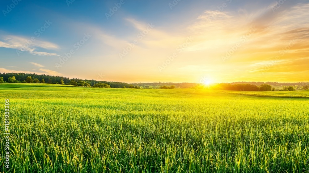 A vibrant landscape at sunrise with lush green fields under a clear blue sky. A vibrant landscape at sunrise with lush green fields under a clear blue sky.