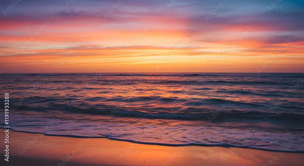 Fototapeta premium The soft sand is tenderly brushed by the hazy tropical waves beneath a brilliant sunset.