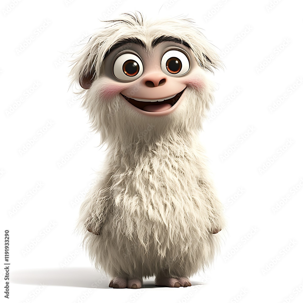 Fototapeta premium Fluffy yeti smiles, isolated white background, animation, children's book illustration