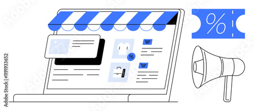 Laptop screen displays online store with discount pop-up and striped awning, next to a megaphone and discount voucher. Ideal for e-commerce, online shopping, marketing, promotions, advertising