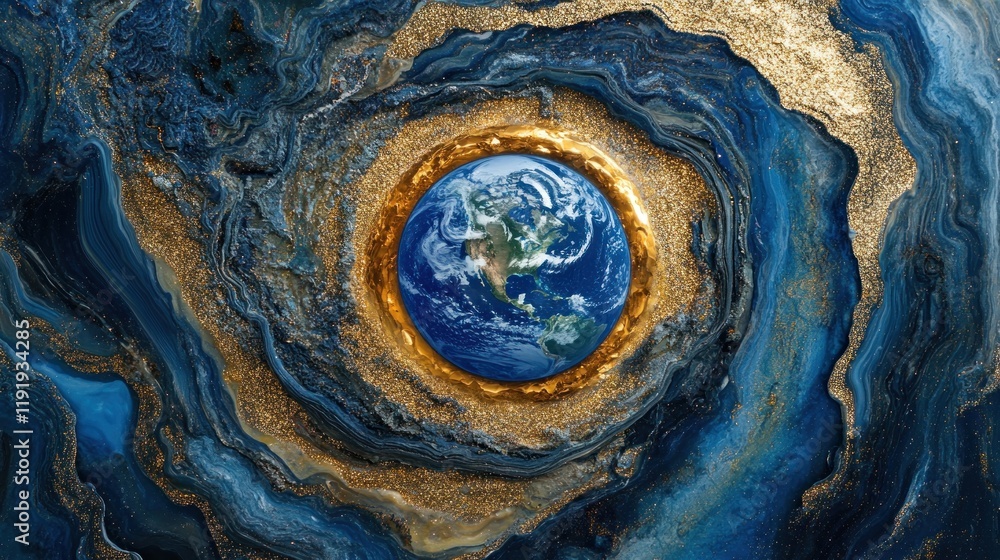 Earth in golden frame, swirling blue and gold abstract background.