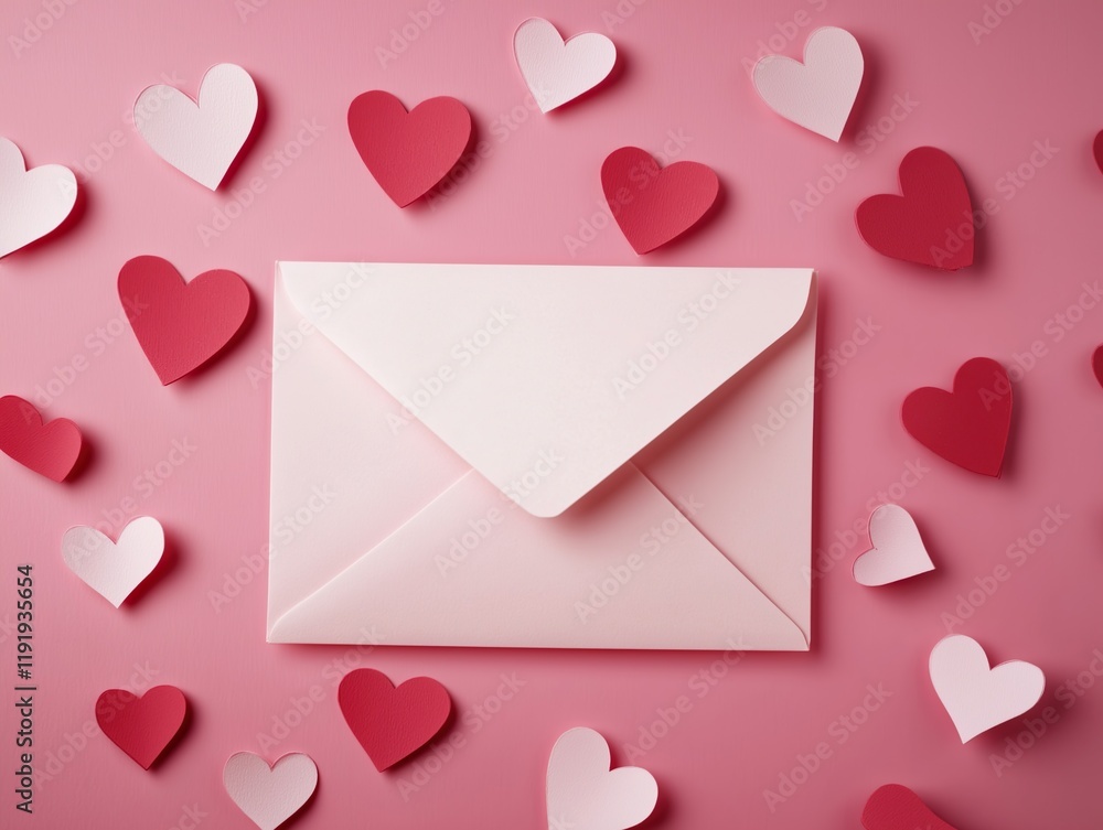 Pink envelope surrounded by red and pink paper hearts on a pastel background Pink envelope surrounded by red and pink paper hearts on a pastel background
