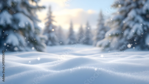 Wallpaper Mural Bright and snowy winter scene featuring untouched snow, blurred snowy evergreens, and a peaceful sky illuminated by falling snowflakes. Torontodigital.ca