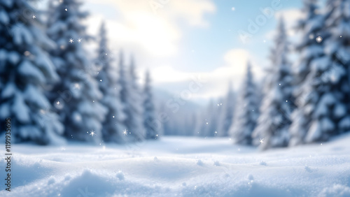 Wallpaper Mural Serene winter scene showcasing pristine snow, blurred pine trees in the background, and gentle snowflakes falling under a bright winter sky. Torontodigital.ca