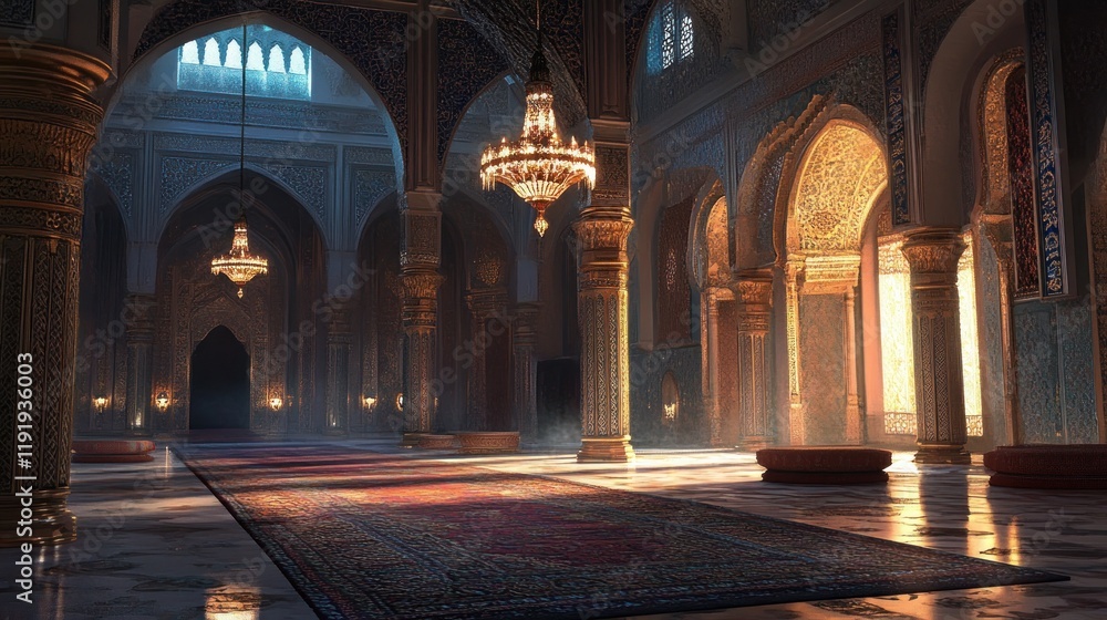Obraz premium Elegant Interior of Mosque Featuring Intricate Chandeliers and Patterns