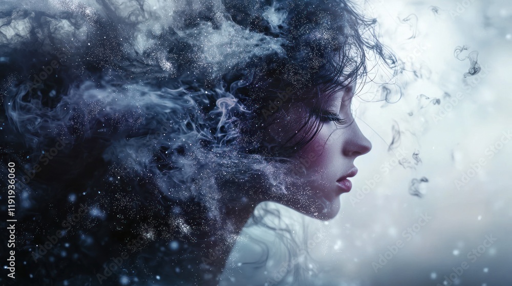 Fototapeta premium Serene Dreamscape: A Woman Emerging from a Mystical, Smoky Haze