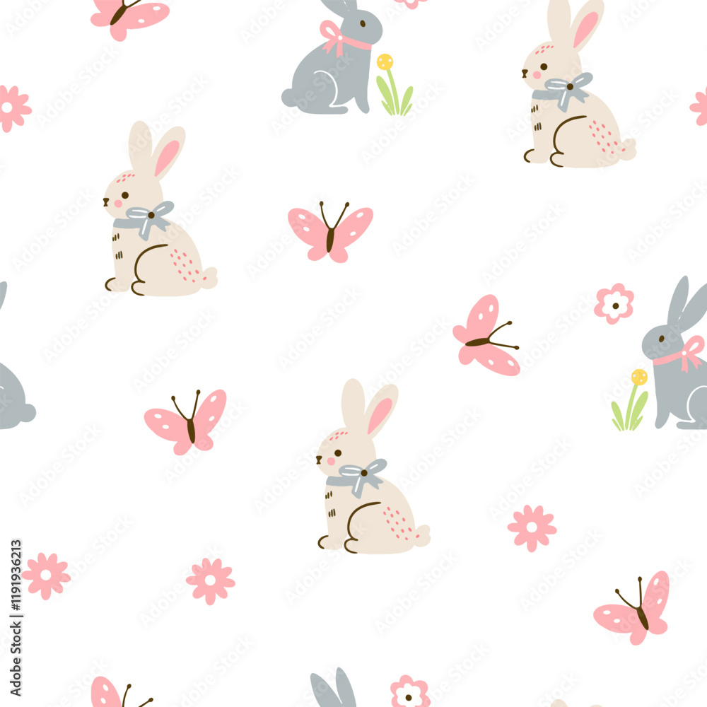 Easter pattern with different characters and other elements. Easter bunny, chicks, eggs and flowers, sheep, basket with eggs. Vector illustration. Easter pattern with different characters and other elements. Easter bunny, chicks, eggs and flowers, sheep, basket with eggs. Vector illustration.