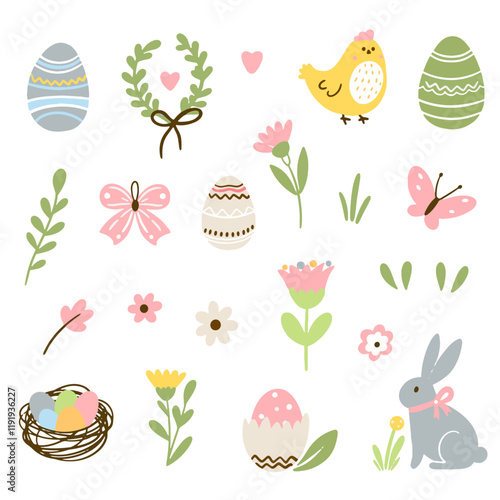 Set of cute Easter characters and elements. Easter bunny, chicks, eggs and flowers. Vector illustration.