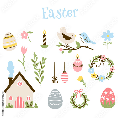 Set of cute Easter characters and elements. Easter bunny, chicks, eggs and flowers. Vector illustration.