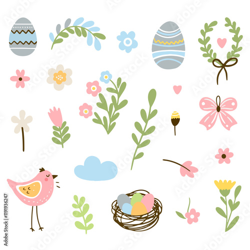 Set of cute Easter characters and elements. Easter bunny, chicks, eggs and flowers. Vector illustration.