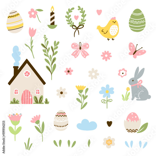 Set of cute Easter characters and elements. Easter bunny, chicks, eggs and flowers. Vector illustration.