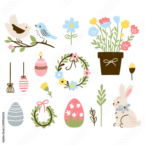 Set of cute Easter characters and elements. Easter bunny, chicks, eggs and flowers. Vector illustration.