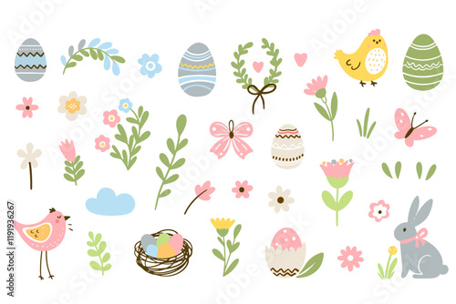 Set of cute Easter characters and elements. Easter bunny, chicks, eggs and flowers. Vector illustration.