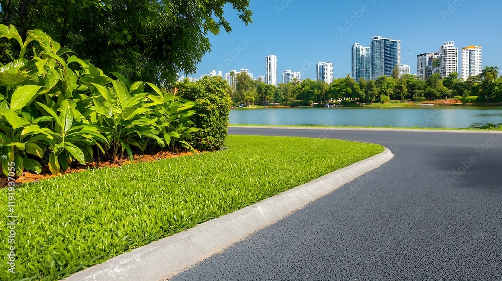 Naklejka premium Vibrant green park path curves gently toward a shimmering city skyline under bright sunlight. AI Generated