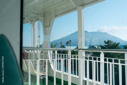Obraz na płótnie View of Sakurajima volcano island from ferry in Kagoshima, Japan w salonie
