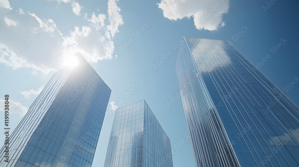 Modern Skyscrapers Reflecting on Water Under a Blue Sky Modern Skyscrapers Reflecting on Water Under a Blue Sky
