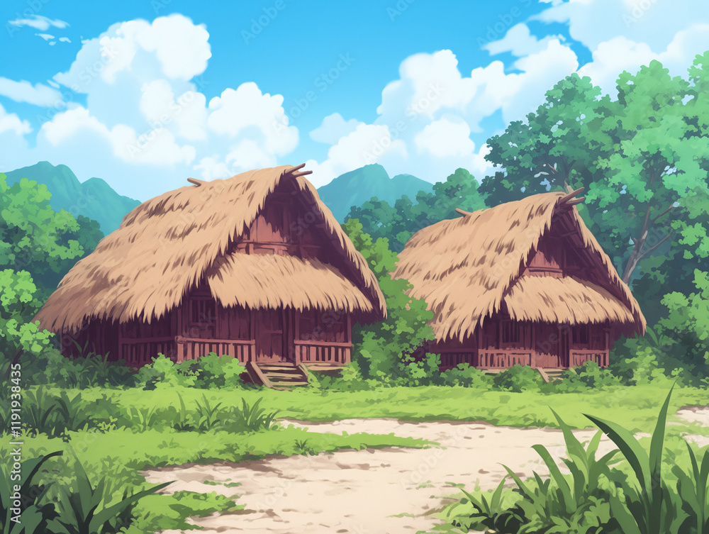Tranquil Village Scene with Thatched Huts Tranquil Village Scene with Thatched Huts