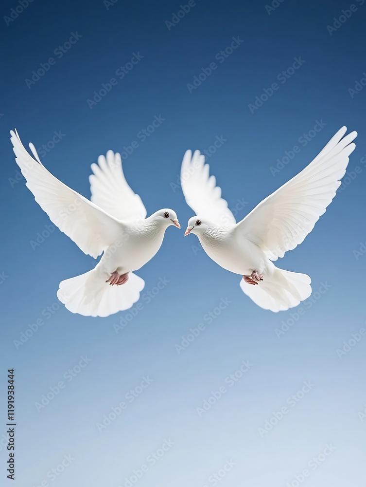 Fototapeta premium Two white doves soar gracefully against a vibrant blue sky peaceful flight elegant composition. AI Generated