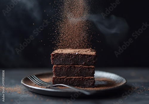 Delicious Dark Chocolate Brownies Stacked on a Plate with Cocoa Powder Dusting in Air Against a Dark Background for Culinary and Dessert Themes photo