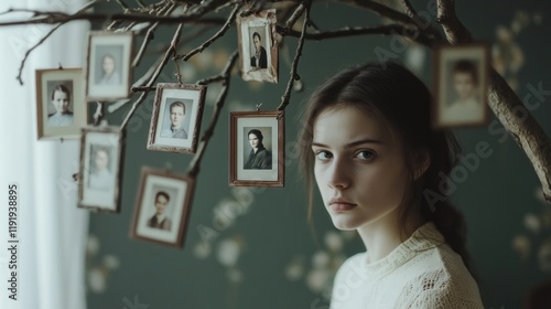 Old family photos with a woman: DNA genealogy, ancestral tree, heritage research, genetic links, vintage images, generational history, familial ancestry, legacy preservation, family roots.