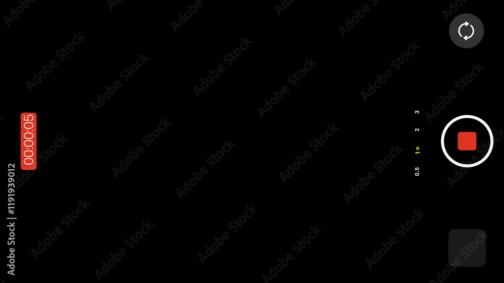 Phone vertical camera screen, smartphone recording overlay frame with black background. Digital display with multiple settings and 1 minute recording timecode, 4k alpha transparent Background