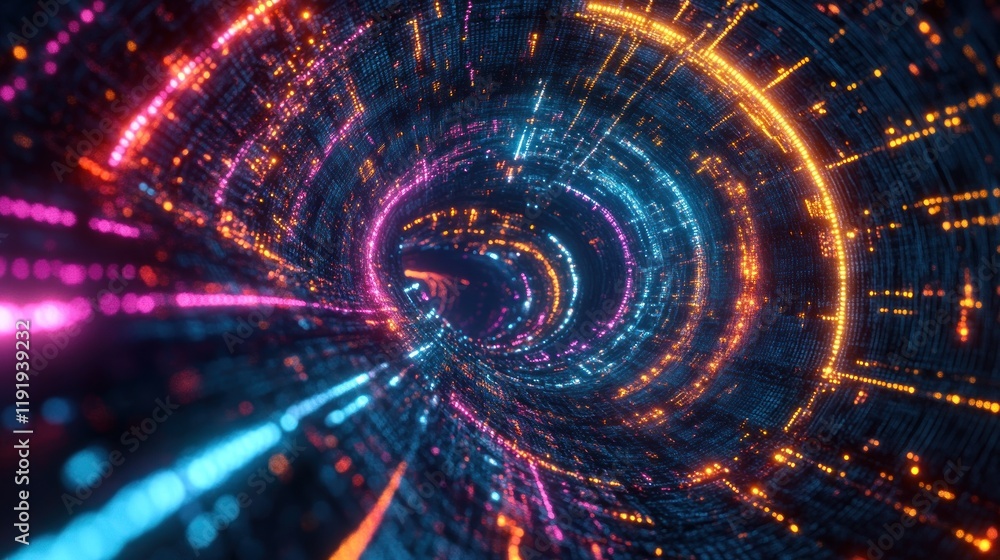 Fototapeta premium Abstract swirling neon tunnel with vibrant colors and digital particles.