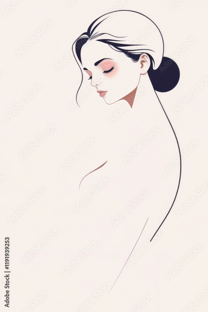 A minimalist illustration showcases the profile of a serene woman with delicate flowing lines. Her hair is styled in a sleek bun, highlighting the simplicity and grace of the composition. A minimalist illustration showcases the profile of a serene woman with delicate flowing lines. Her hair is styled in a sleek bun, highlighting the simplicity and grace of the composition.