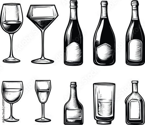 Wine Glasses and Bottles - Vector Illustration