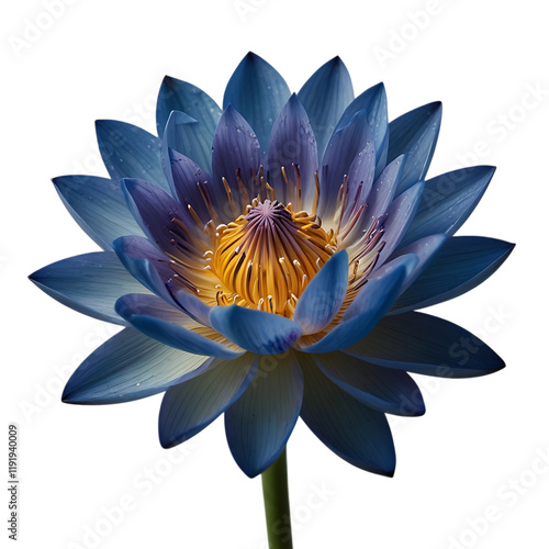 A blue flower with a yellow center and a green stem on a white background.