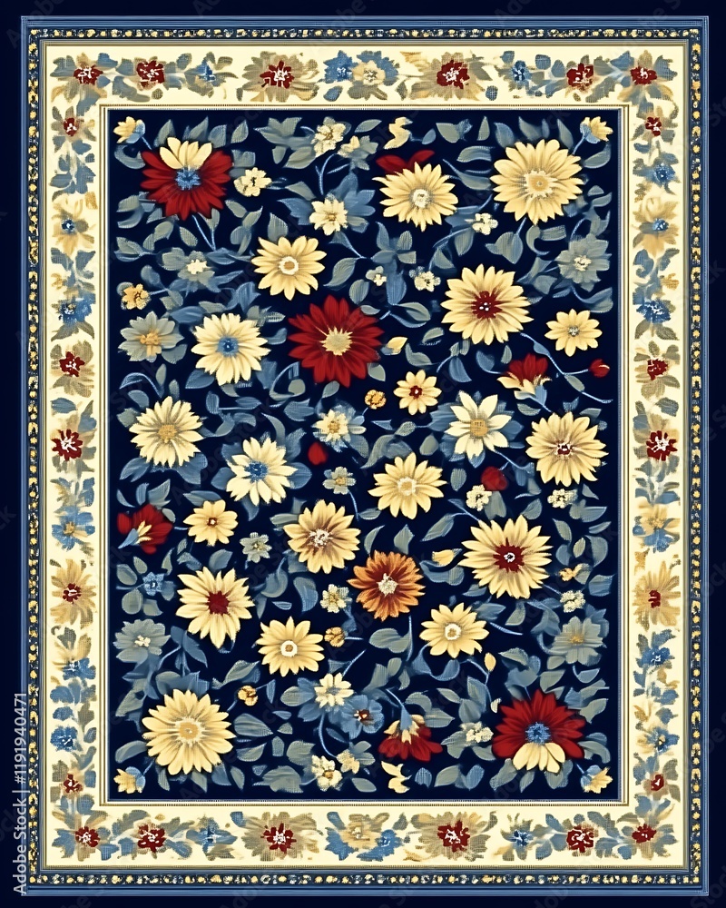 Navy Blue Floral Rug With Ornate Border Design