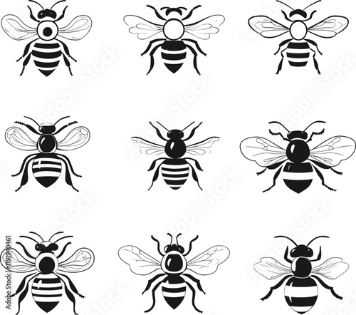 Bee Vector Illustration - Nine Black and White Honeybees Isolated on White