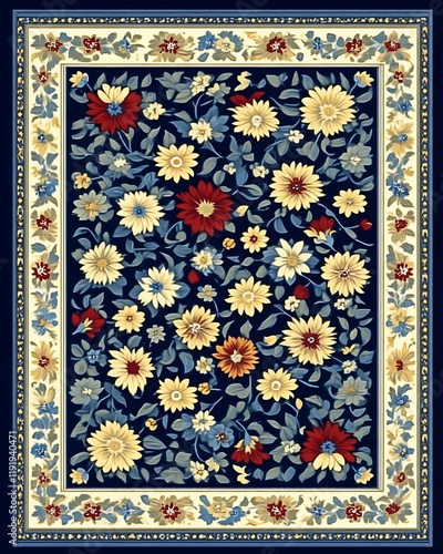 Obraz na płótnie Navy Blue Floral Rug With Ornate Border Design w salonie